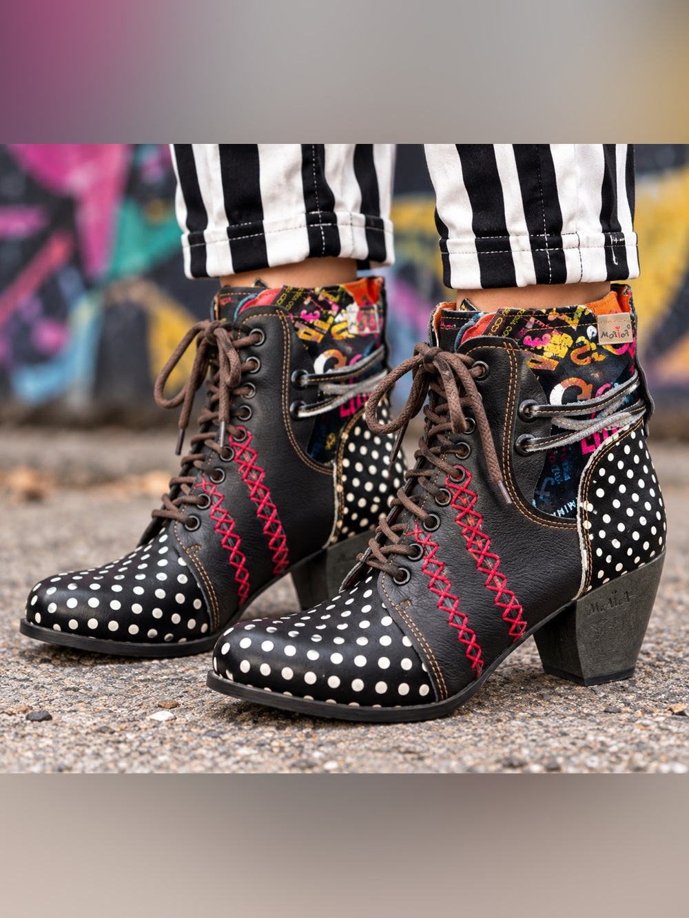 MIA Black and White Polka Dot Lace-Up Ankle Boots with Red Stitching